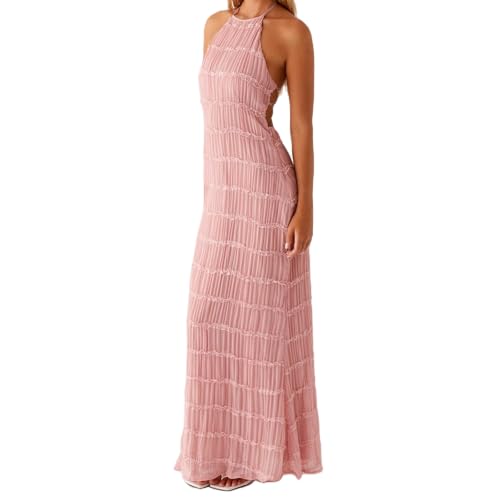 Damen-Sommerkleid, rückenfrei, Strand, Maxikleid, Spaghettiträger, ärmellos, gesmokt, Tüll, fließend, Urlaub, langes Kleid, Rosa, Klein