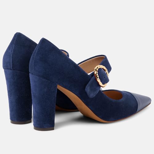 Women's Block Heel Pointed Closed Toe Mary Jane Shoes with Buckle Fashion Suede Cap Toe Pumps Comfortable Office Wedding Dance Party Dress High Heels for Women2