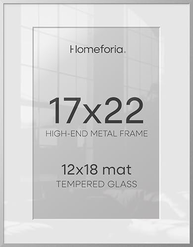 Image of Homeforia 17x22 Picture Frame Silver, High End Metal 17x22 Frames with Mat 12x18 for Photo, 17 x 22 Silver Poster Frame Matted to 12 x 18 Print, 22x17 Hanging Frame, Tempered Glass, Wall Kit, Set of 2
