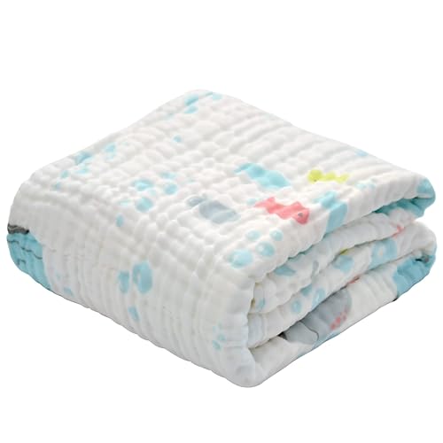 Image of BILLAMB Muslin Baby Bath Towel 2 Pieces 41.3X41.3 Inch Baby Cotton Gauze Towel Quilt Newborn Bath Towel 6 Layers Gauze Cotton Soft Ventilate Children Bath Towel Large Baby Towels (Blue Whale)