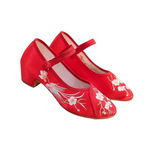2025 Women's Elegant Satin Flower Embroidered Shoes Chinese Traditional Ancient Style Hanfu Shoes Stage Performance Oriental Shoes to Match Cheongsam Dresses(Red,7)