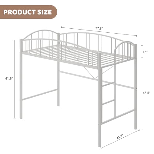 Garvee Loft Bed Twin Size with Ladde and Arched Guardrail, Heavy Duty Metal Loft Bed Frame for Kids and Adults, Sturdy Steel Slats Support, Small Space Saving Design, No Box Spring Needed, White