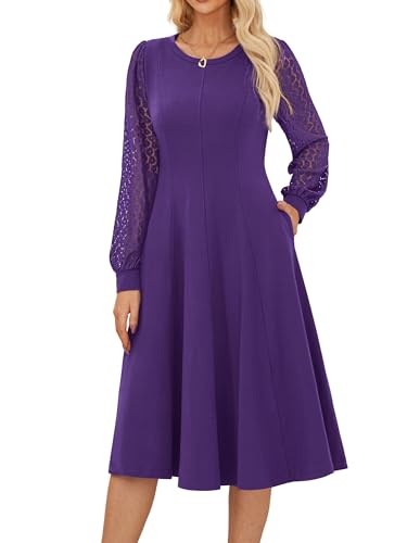GRACE KARIN Robe Femme Manches Longues Col Rond Coupe A-Line Mi-Mollet, Tissu Contraste et Poignets en Dentelle, pour Tenue de Bureau ou Soirée Violet XL