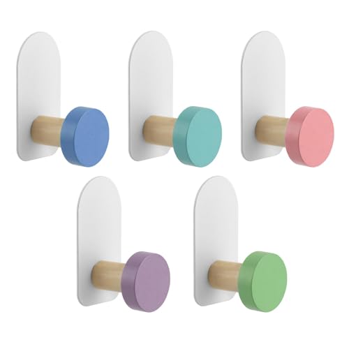 BAOYAO 5pcs Self-Adhesive Kids Coat Hooks, Cartoon Animal Pattern Wooden Hooks Wall Hooks Sticky Hooks, Children's Coat Hooks for Towel, Clothes, Key, Backpacks and Hats(Macaron Round)