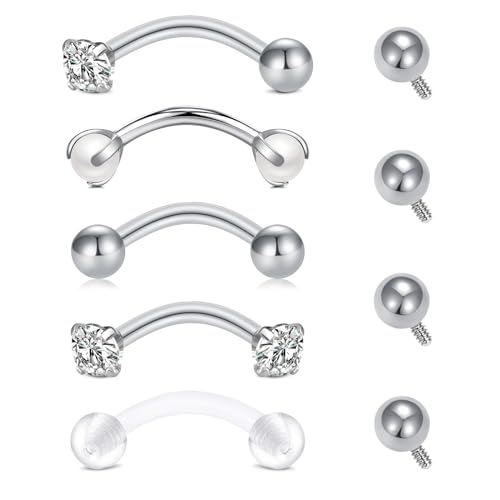 QWALIT Rook Earrings & Piercing Jewelry Set - Internally Threaded Eyebrow Rings, Vertical Labret Lip Jewelry - 5pcs Silver Stainless Steel 16g
