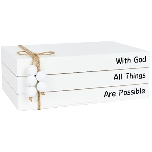 JCJMY Wooden Decorative Books for Home Decor, Rustic Farmhouse Faux Decor Books for Coffee Table, White Book Decor for Shelf Fireplace Mantle Decoration, With God All Things Are Possible
