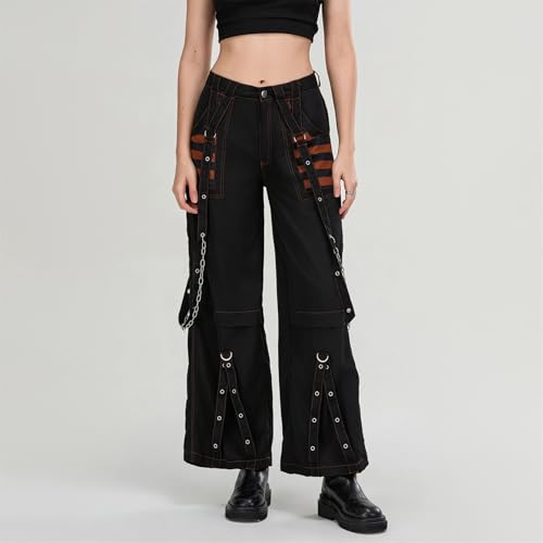 Women Cargo Baggy Pants Y2K Punk Low Waist Wide Leg Denim Bootcut Jeans Vintage Hip Hop Blokette Strap Chain Streetwear2