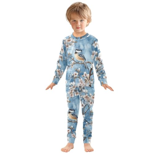 Fustylead Cute Blue Birds on Cherry Blooming Tree Long Sleeve Top and Matching Bottom Cotton Pajama Sets3