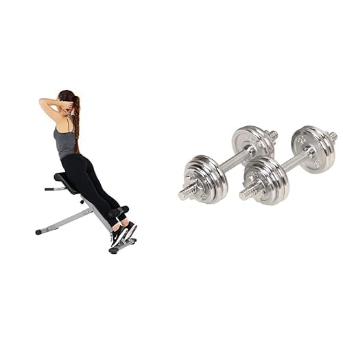 Sunny Health and Fitness 45 Degree Hyperextension Roman Chair, Steel, Grey, One Size + Adjustable 15 KG Dumbbell Set w/Carry Case, Space Saver, Secure Quick-Lock, Anti-Slip Steel Handle
