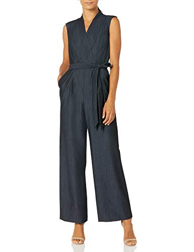 Calvin Klein Women's Solid V Neck Belted Jumpsuit, Denim Blue, 6 Petite