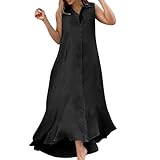 Generisch Leinenkleider Damen Sommer,Musselin Kleid Damen Sommer Kurzarm Strandkleid Freizeitkleid V-Ausschnitt Casual Sommerkleid Blusenkleid Leicht Locker Shirtkleid Einfarbig Hemdkleid（Schwarz,XL）