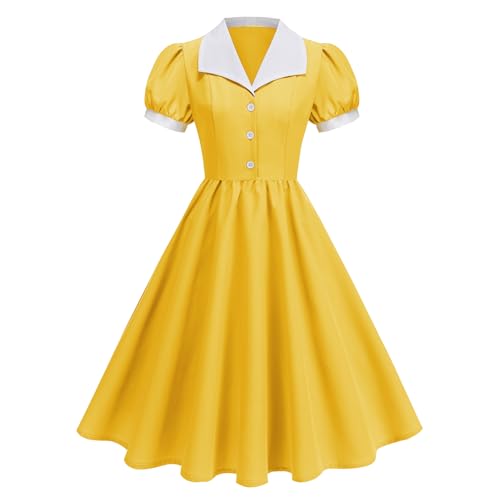 Revers 1950er Jahre Kleider für Frauen Vintage 50er Jahre Homecoming Kleider Kurzarm Retro Rockabilly Abschlussball Cocktail Swing Kleid, gelb,...