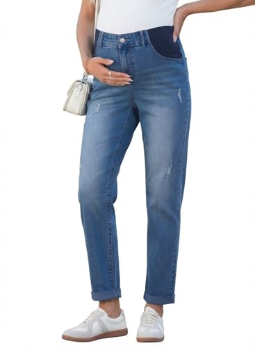 BLENCOT Maternity Clothes Adjustable High Waist Straight Leg Distressed Stretch Jeans Work Summer Boyfriend Mom Denim Pants with Pockets Dark Blue XL