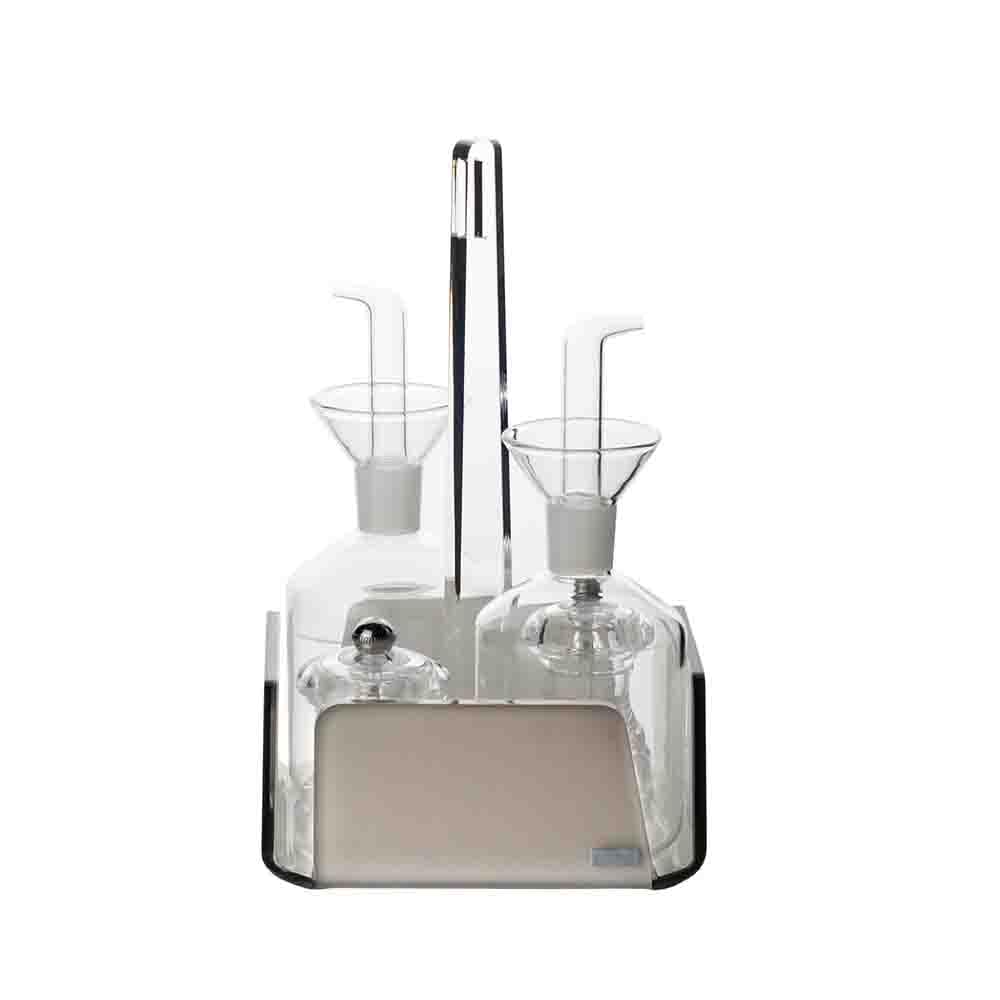 VESTA Menage Like Water - Tórtola satinada y blanca - Aceitera y vinagrera de cristal con tapón antigoteo - 2 molinillos para sal/pimienta - 14,5 x 14,5 x 23 cm - Cristal acrílico - Fabricado en
