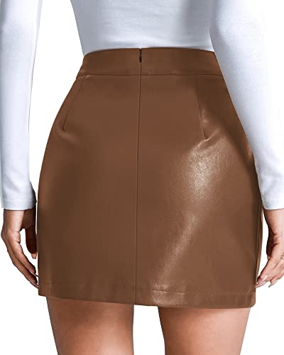 Image of MANGOPOP Women's Basic High Waist Faux Leather Bodycon Mini Pencil Skirt (A022 Brown, X-Large)