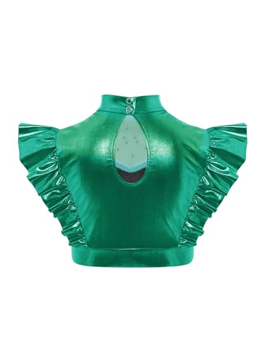 YiZYiF Kids Girls Sparkle Metallic Dance Crop Top Sleeveless Ruffled Fly Sleeves Mesh Patchwork Cropped Vest4