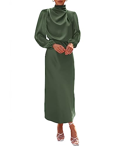 BTFBM Womens Mock Neck Satin Dress Summer Fall 2025 Long Sleeve Lightweight Formal Wedding Party Maxi Cocktail Dresses(Army Green, X-Large)