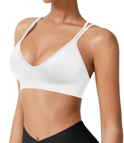 Image of VEQKING Seamless V-Neck Cross Back Women Sports Bra for Small Chest, 3 Pack | Made for A-C Cups, Spaghetti Straps, Removable Padded, Comfort Wireless for Low Impact Workout: Yoga, Lounging & Daily Wear