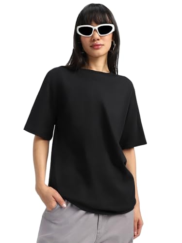 Image of JUNEBERRY Pure Cotton Drop Shoulder Oversized Baggy Fit Half Sleeve Plain Solid Round Neck Multicolor T-Shirt for Women & Girls (Pack of 2) (Sizes S-2XL)