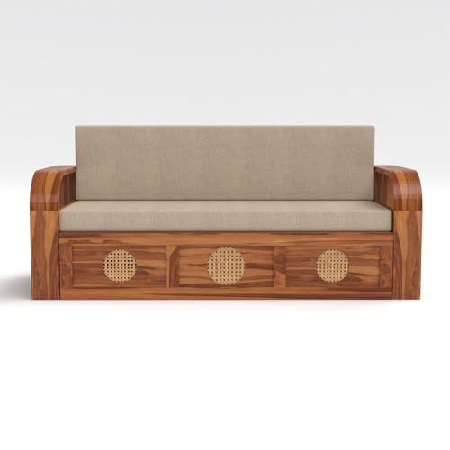 Image of Kunjal Furniture Solid Sheesham Wood Sofa Cum Bed with Storage for Living Room | Natural Finish | 3-Seater Convertible Sofa Bed | Handmade Wooden Furniture (Natural, Round Cane)