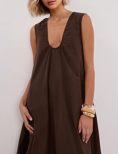Livtany Women's Scoop Neck Ruched Maxi Dress Flowy Swing Wide Straps Long Dress Casual Sleeveless Sundress with Side Pockets3