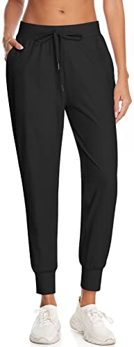 Image of UEU Women's Jogger Lounge Pants Lightweight Athletic Drawstring Sweatpants with Pockets for Casual Workout Running, Black, Large