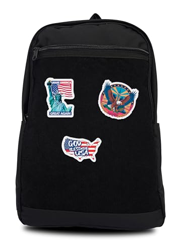Unisex Large Black Backpack with Sticker & Patches Area, Ideal for Laptop, Travel & Work with 3 USA-Themed Stickers and Patches