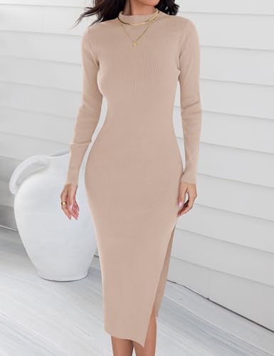 Image of ZESICA Women's 2026 Ribbed Knit Dress Long Sleeve Mock Neck Slim Fit Side Slit Fall Elegant Sweater Dresses