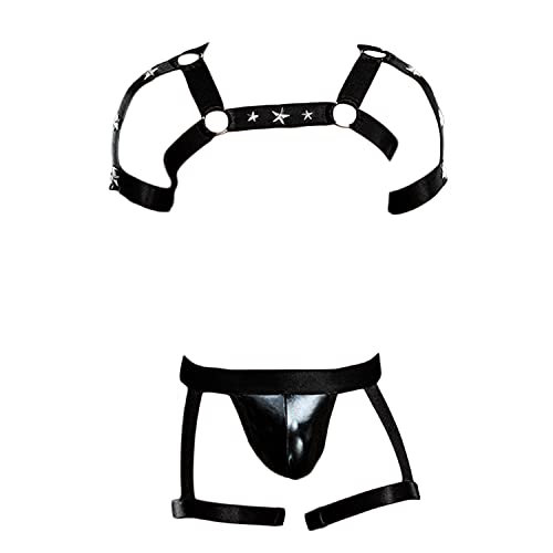 Men Harness Body Chest Elastic Halter Nylon Shoulder Strap Sexy Jockstrap Leotard Bodysuit Workout High Stretch Thong (Black,Medium)