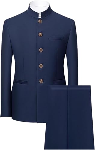 Men's Suits Stand Mandarin Collar Suit 2 Piece Men Suits Slim Fit Chinese Tunic Suits Solid Jacket Set