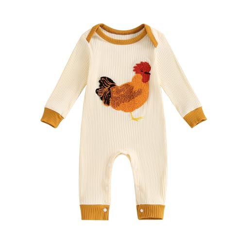 Tsnbre Newborn Boy Girl Outfits Rib Knit Romper Long Sleeve Farm Chicken Bodysuit 0 3 6 9 12 Months Netural Baby Clothes