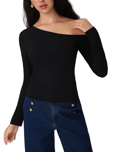 CIDER One Shoulder Long Sleeve Casual Top for Women 2025 Fall Ribbed Knit Slim Fit Pullover Shirt4
