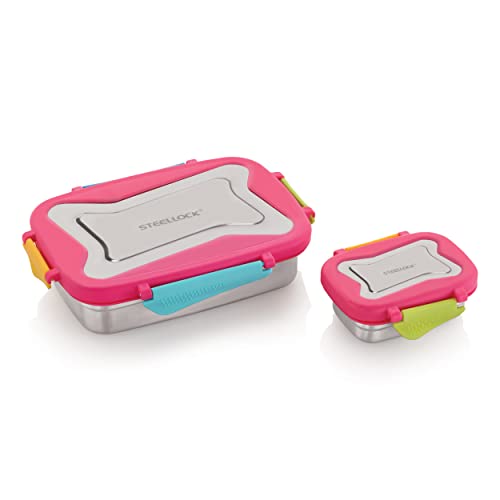 Image of STEELLOCK Smart Stainless Steel Tiffin Lunch Box 2pc Set for Kids and Adults - Airtight Leakproof Rectangle Combo with Steel Lids - Juliet 750ml & 170ml for School & Office
