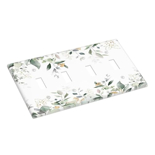 Decorative Switch Plate Covers Rustic Ink Green Eucalyptus Leaves Sage leaf 4 Gang Light Switch Cover Plate Quad Toggle Wall Plate Light Switch Covers for Country Bedroom Home Decor