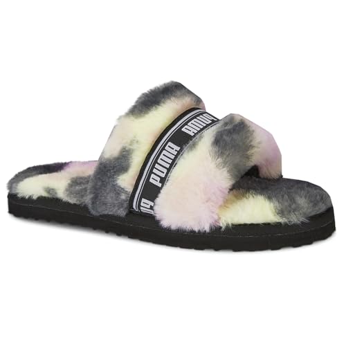 PUMA PUMA Women's Fluff Slipper, Black White, 6 Narrow