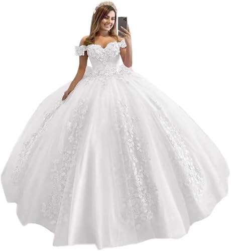 Schulterfrei Tüll Quinceanera Kleider Spitzenapplikation Sweetheart Ballkleid A-Linie Brautkleid Prinzessin Abendkleider