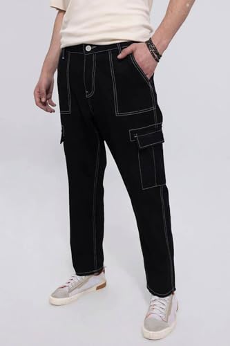 Image of Men's Straight Fit Denim Cargo Pants - Casual Multi-Pocket Work Jeans