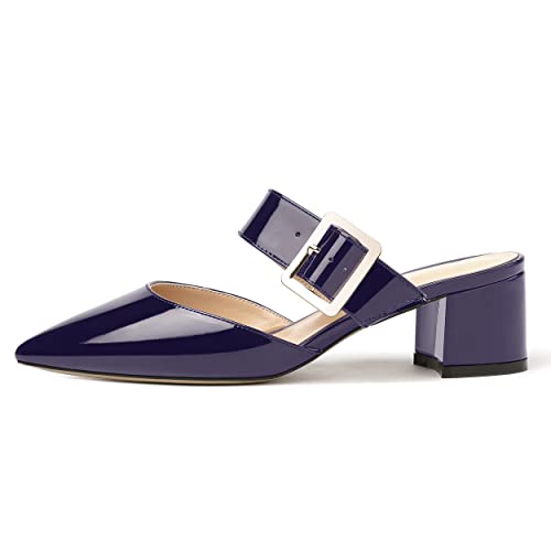 MODENCOCO Women's Adjustable Strap Buckle Patent Solid Pointed Toe Chunky Low Heel Mules Evening Dress Pumps Shoes 2 Inch2