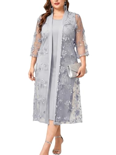 TIARALY Plus Size Mother of The Bride Formal 2 Piece Dress Set with 3D Floral Mesh Jacket Dressy Suit Outfits Guest, Silver, 2X