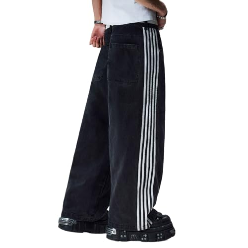 Women Men Track Jeans Side Stripe Low Rise Baggy Wide Leg Boyfriend Denim Pants Trendy Hip Hop Trousers Streetwear3
