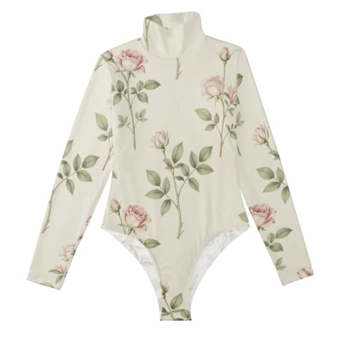 Body de manga larga para mujer GuoChe color crema con estampado elegante de flores silvestres