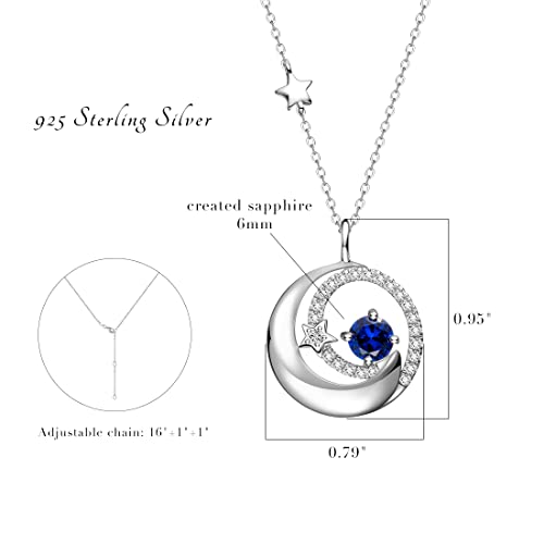 925 Sterling Silver September Birthstone Moon Star Pendant Necklaces Created Blue Sapphire Necklace Jewelry Birthday Anniversary Christmas Gifts For Women Girls Mom Daughter, Adjustable Chain 16"+2" #TOP5