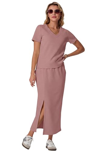 Image of GRECERELLE Women Summer Casual 2 Piece Sets V-Neck Wrinkle-Free Top & Elastic Waist Midi Side Slit Skirt with Pockets