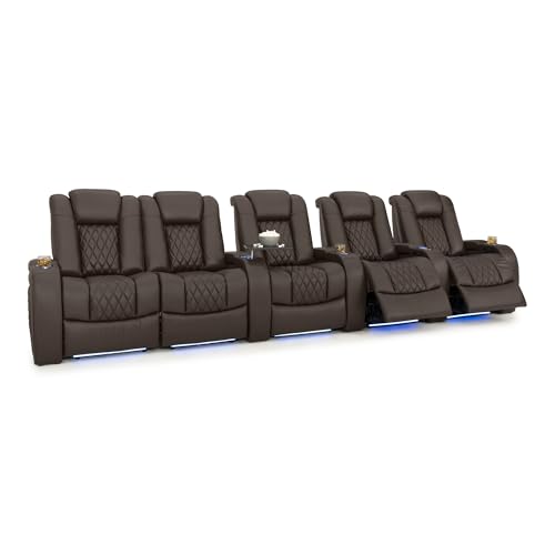Image of Seatcraft Diamante Brown Italian Leather Home Theater Seating, Zero Gravity Power Recliner Gaming and Home Office Chair, Powered Headrest Lounge Sofa Furniture for Cinema Room, Row of 5 Left Loveseats