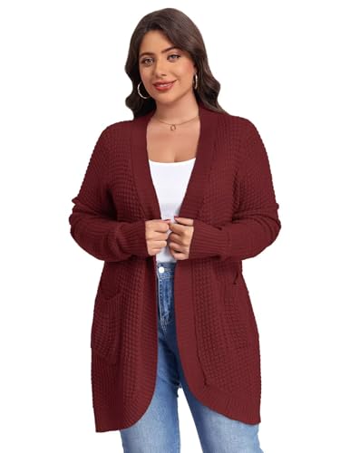 Image of LARACE Long Cardigans for Women Plus Size Tops Open Front Sweaters with Pockets Waffle Ribbed Sleeve Loose Fall Outwear