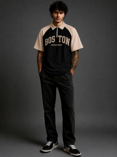 Image of Jump Cuts Mens Printed Polo Neck Full Sleeve Black and Beige Cotton Blend T-Shirt