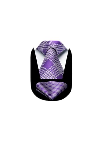 Image of HISDERN Ties for Men Plaid Checkered Tie with Pocket Square Woven Business Formal Necktie Handkerchief Set Wedding Party