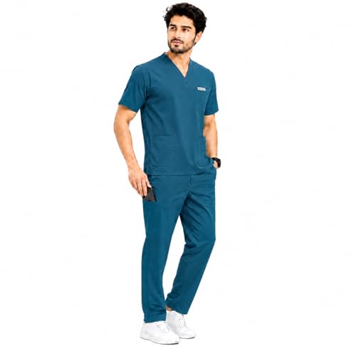 Image of Unisex Medical Scrub Suit Set, V-Neck Top with Pants, Short Sleeve, Polyester Cotton Blend, 7 Pockets, Regular Fit, Hospital Doctor Nurse Uniform
