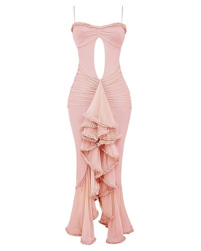 Image of houstil Women's Casual Summer Dress Strap Ruffle Beach Party Maxi Cocktail Evening Holiday Wedding Guest Dresses