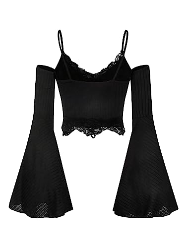 SOLY HUX Women's Goth Y2k Lace Trim Cold Shoulder Bell Long Sleeve Crop Tops2